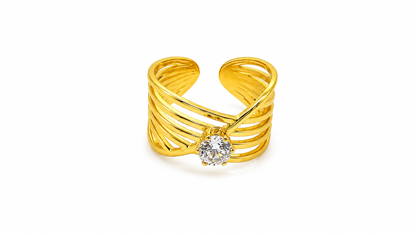 Elegant Anti-Tarnish Multi-Layer Gold Ring with CZ Stone