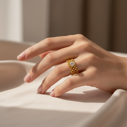 Chic Anti-Tarnish Lattice Pattern Ring with CZ Stone