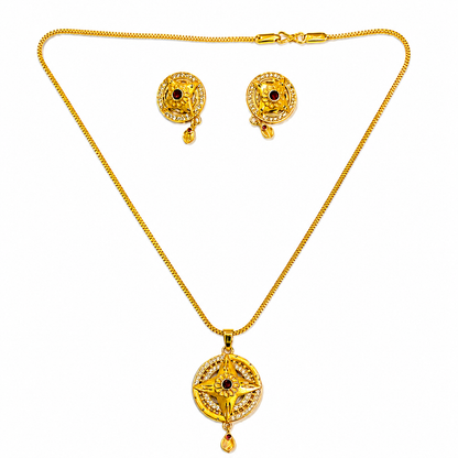 Traditional Floral Round Pendant Necklace & Earrings Set for Women