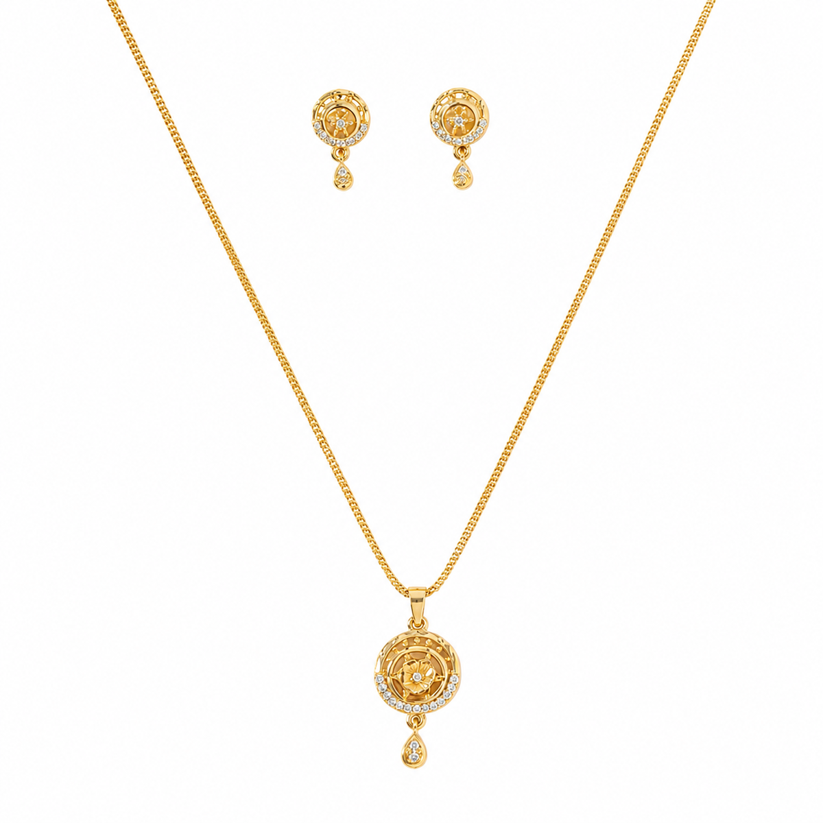Elegant Circular Floral Pendant Necklace & Matching Earrings Set for Women