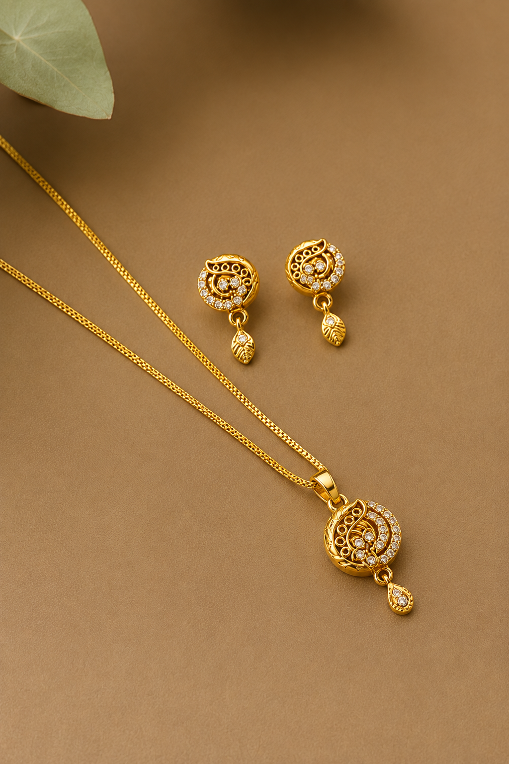 Elegant Paisley CZ Pendant Necklace & Matching Drop Earrings Set for Women