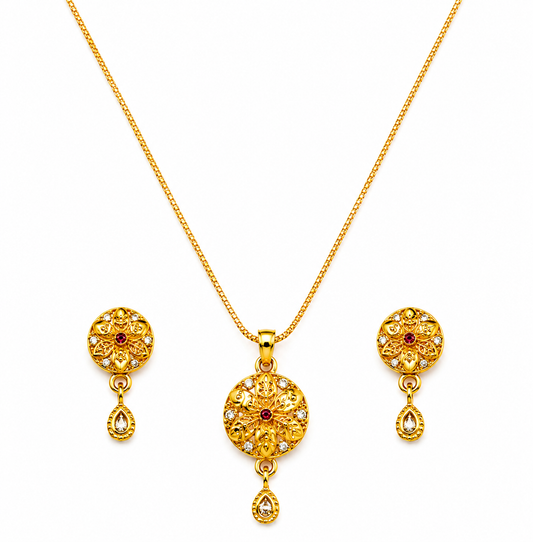 Elegant Floral Round Pendant Necklace & Matching Drop Earrings Set for Women