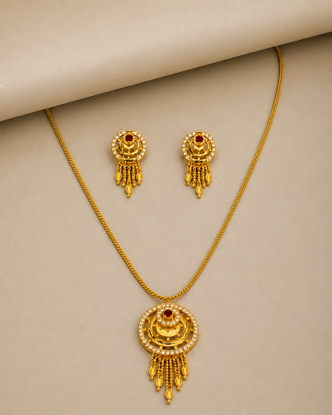 Royal Ruby CZ Circular Tassel Pendant Necklace Set with Matching Earrings for Women