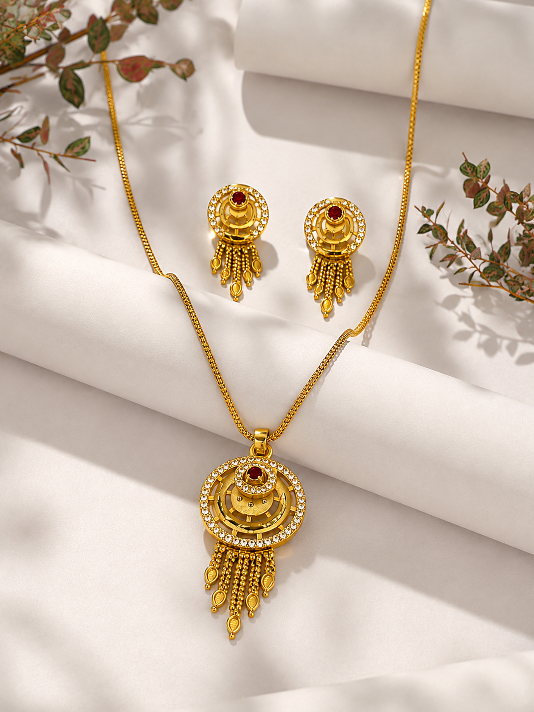 Royal Ruby CZ Circular Tassel Pendant Necklace Set with Matching Earrings for Women