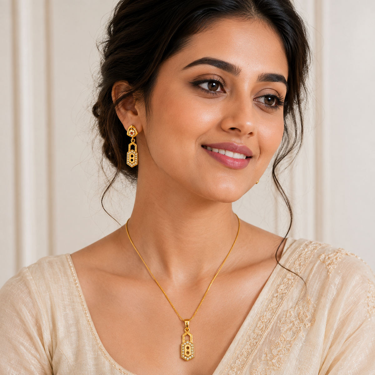 Elegant Geometric CZ Pendant Necklace Set with Matching Drop Earrings for Women