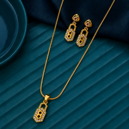 Elegant Geometric CZ Pendant Necklace Set with Matching Drop Earrings for Women