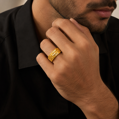 Royal Triple-Bar Crystal Grid Statement Ring for Men