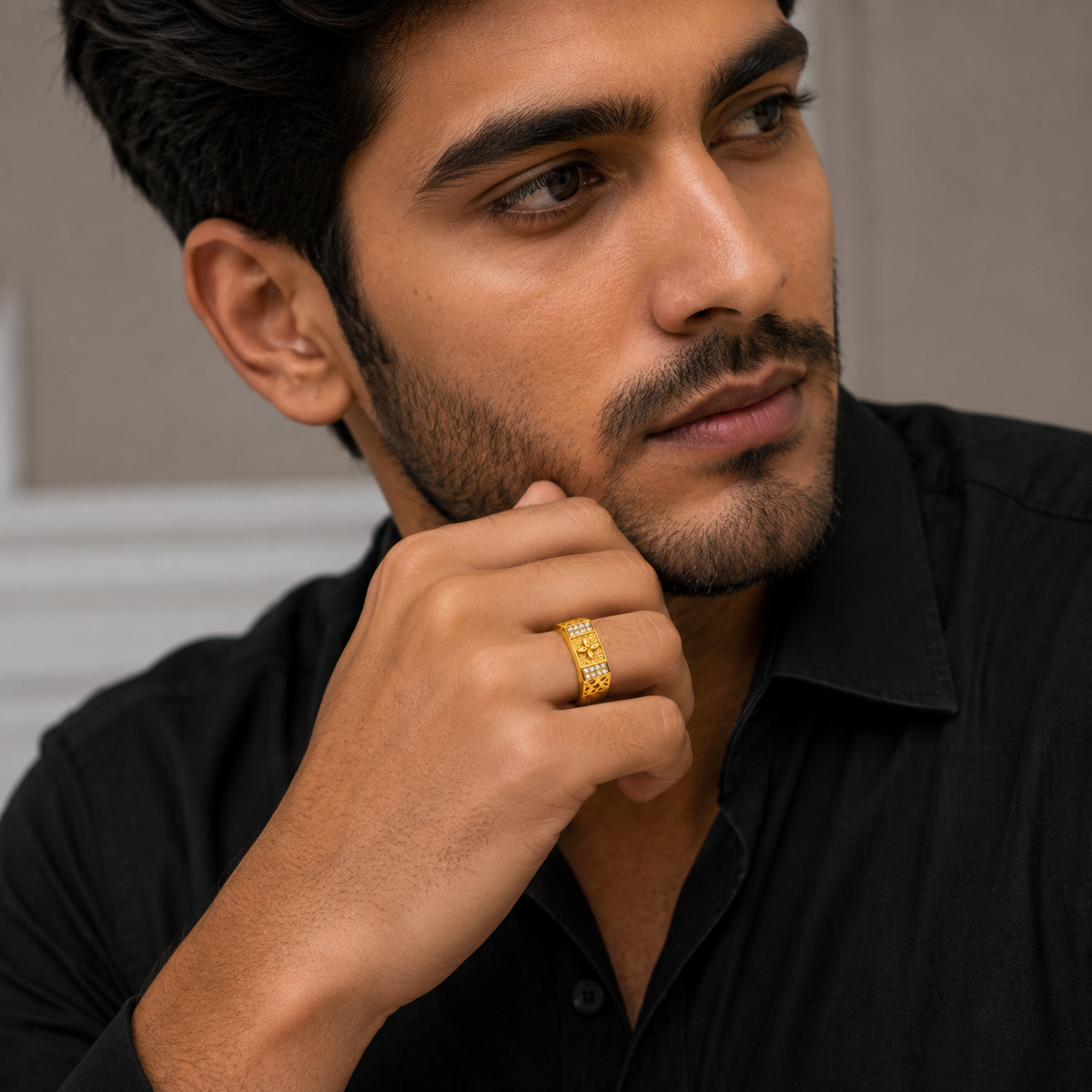 Royal Crystal Floral Crest Statement Ring for Men