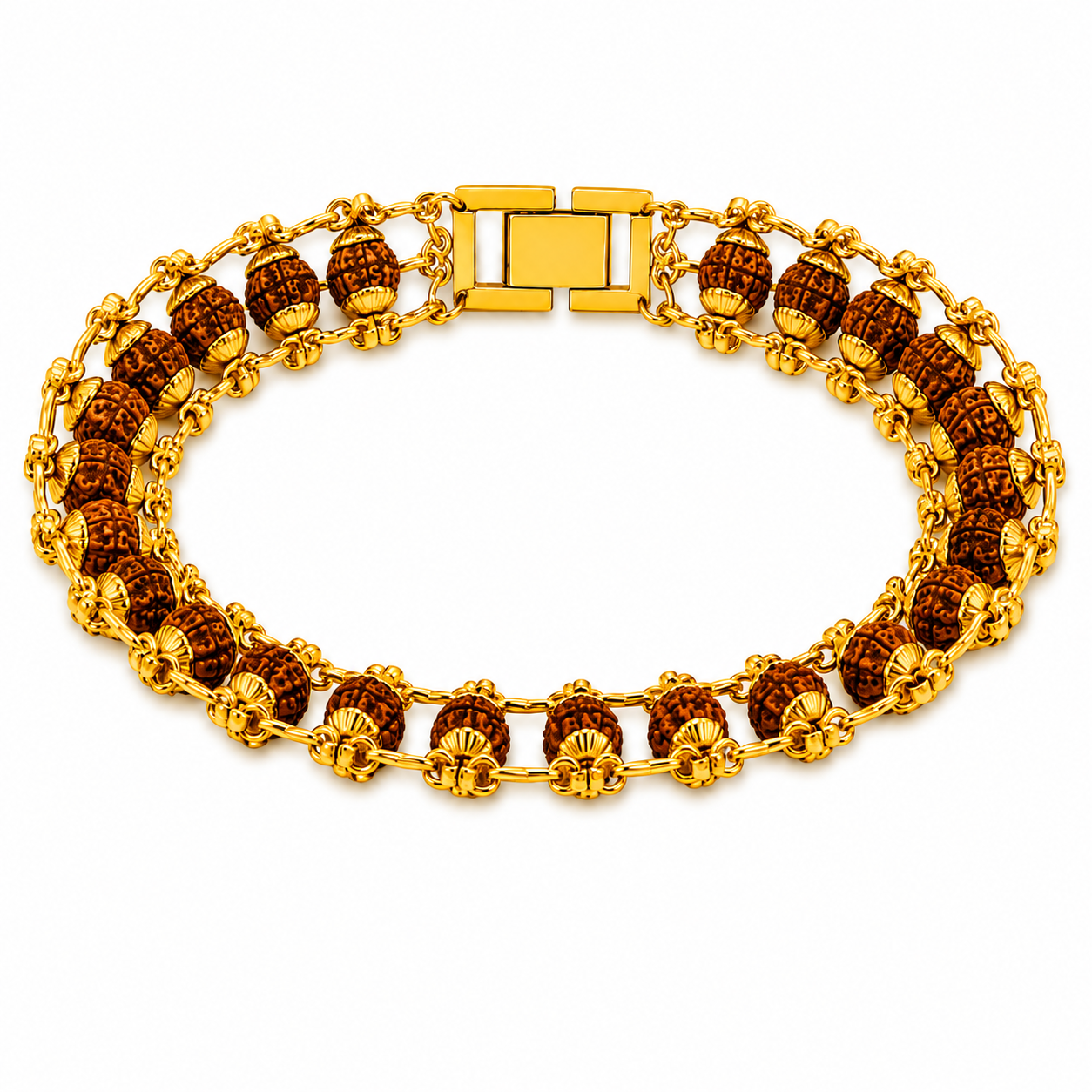 Premium Rudraksha Beaded Gold Bracelet with Dual Chain Design