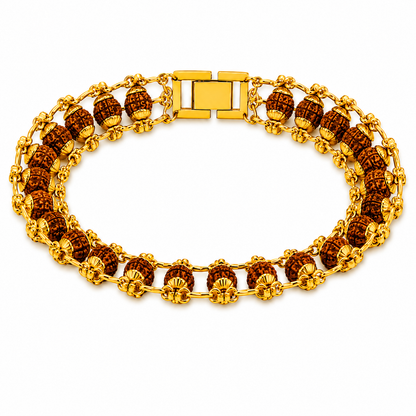 Premium Rudraksha Beaded Gold Bracelet with Dual Chain Design