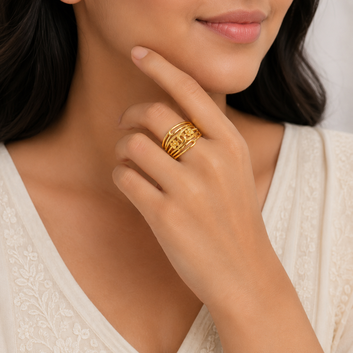 Elegant Floral Leaf Multilayer Cuff Ring for Women