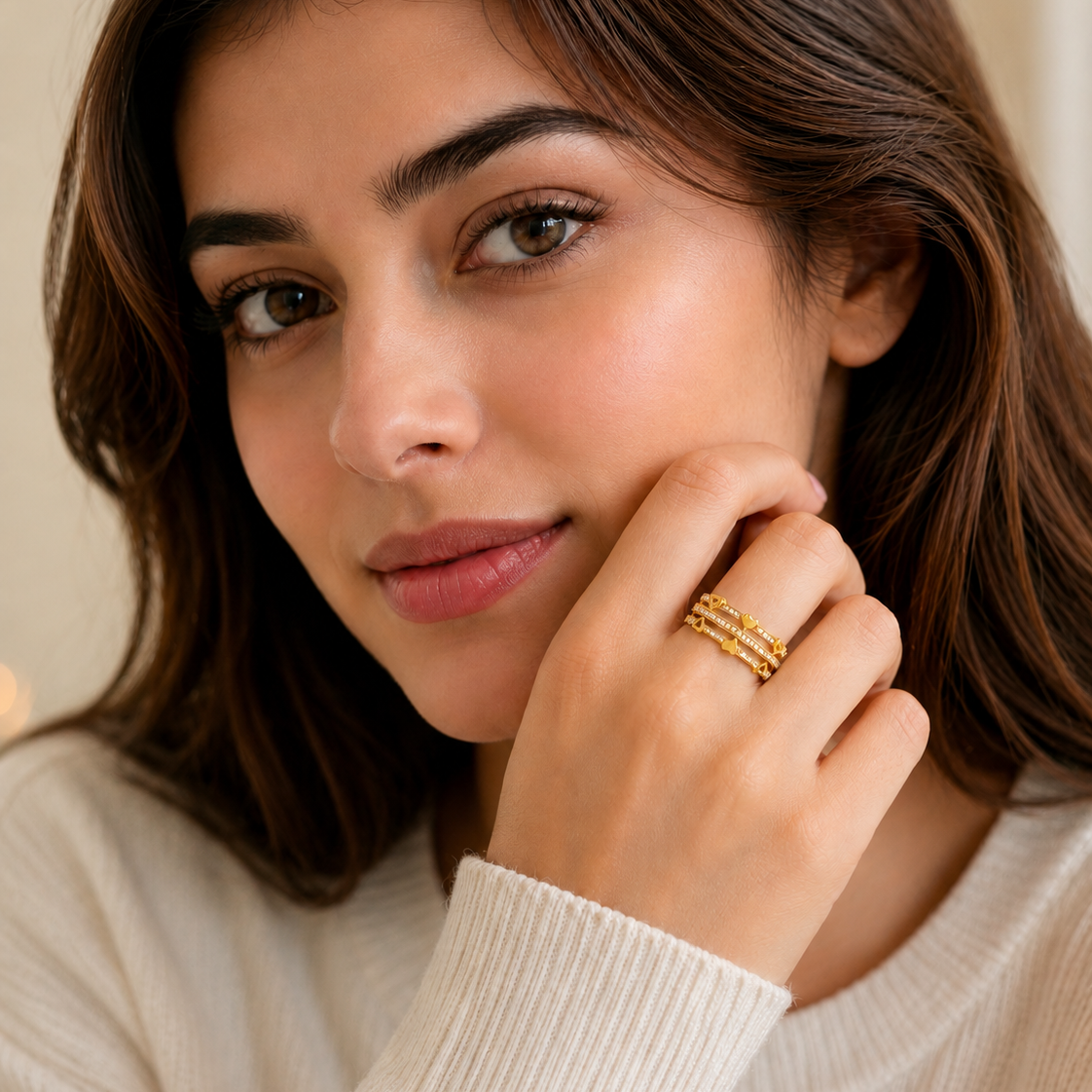 Regal Triple-Line Heart Harmony Sparkle Ring for Women