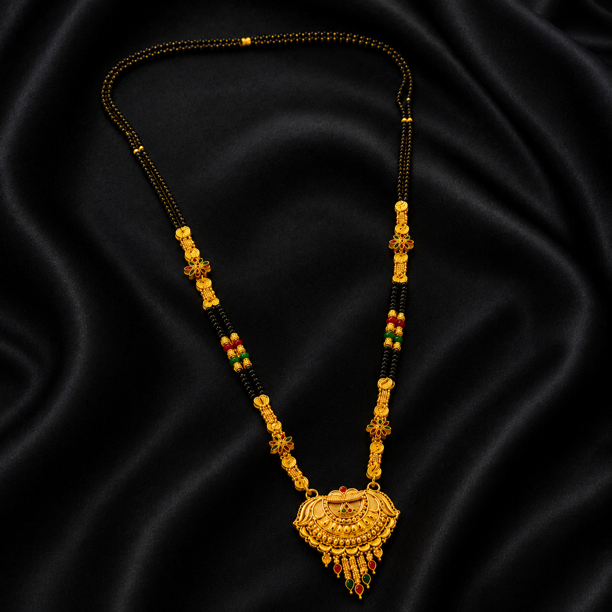 Traditional Black Bead Mangalsutra with Ornamental Heritage Pendant
