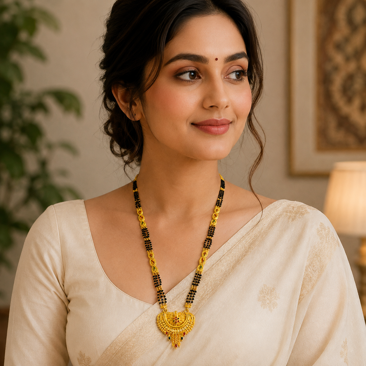 Traditional Bridal Mangalsutra Necklace with Black Beads and Ornate Pendant