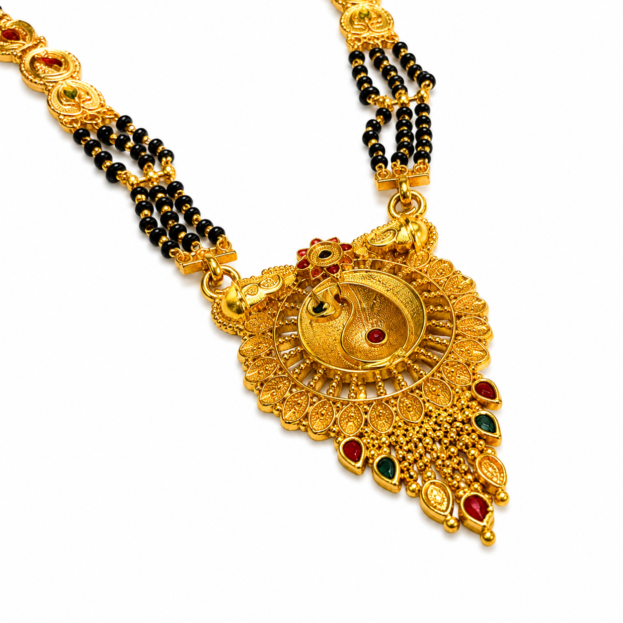 Ethnic Black Bead Mangalsutra Necklace with Designer Peacock Pendant for Women
