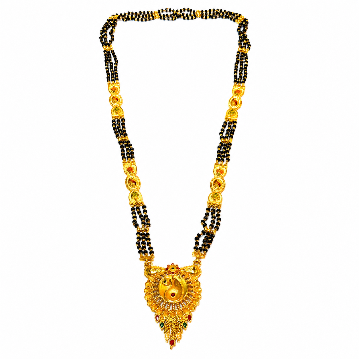 Ethnic Black Bead Mangalsutra Necklace with Designer Peacock Pendant for Women