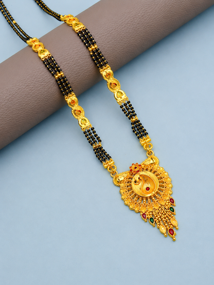 Ethnic Black Bead Mangalsutra Necklace with Designer Peacock Pendant for Women