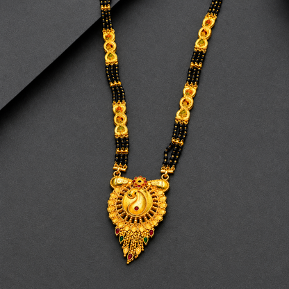 Ethnic Black Bead Mangalsutra Necklace with Designer Peacock Pendant for Women