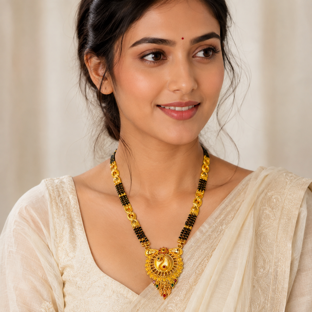 Ethnic Black Bead Mangalsutra Necklace with Designer Peacock Pendant for Women