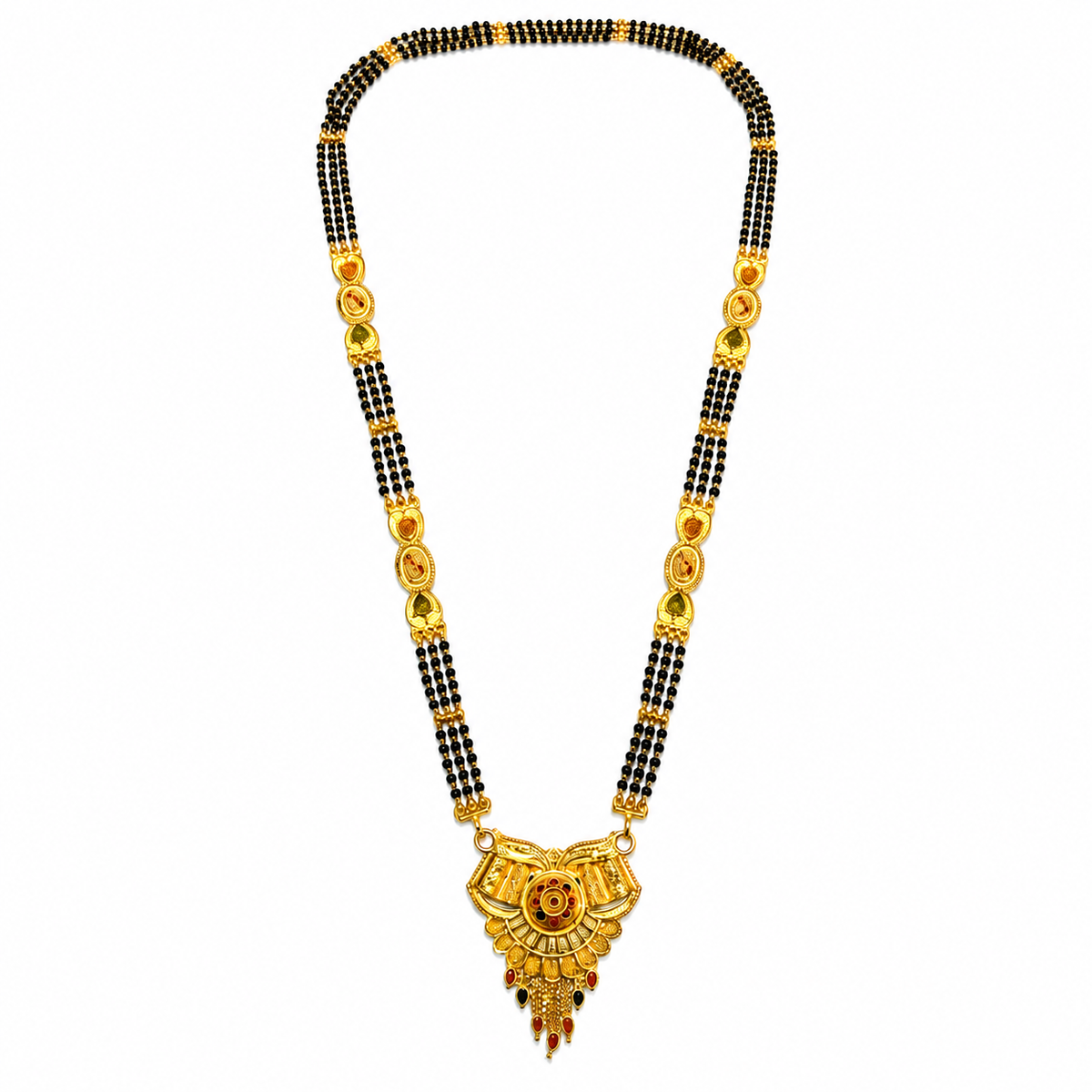 Traditional Long Black Bead Mangalsutra with Antique Floral Designer Pendant for Women