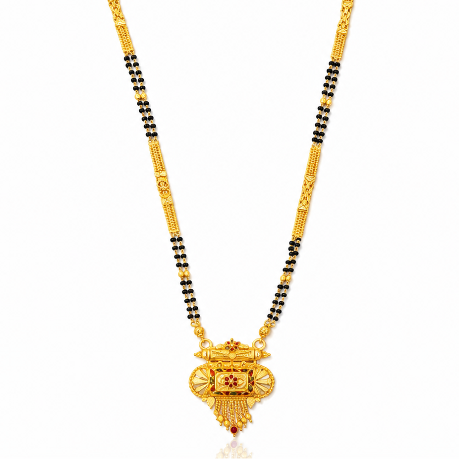 NUGOLD Traditional Multi-Strand Black Bead Mangalsutra with Antique Barrel Pendant