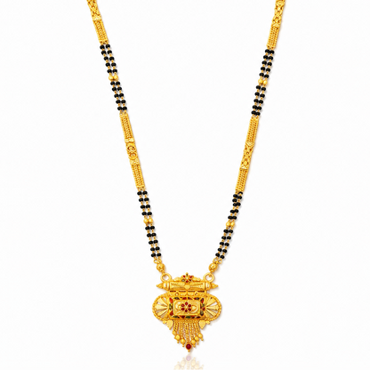 NUGOLD Traditional Multi-Strand Black Bead Mangalsutra with Antique Barrel Pendant