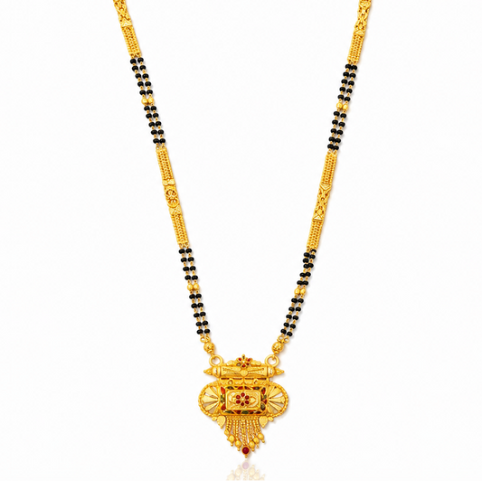 NUGOLD Traditional Multi-Strand Black Bead Mangalsutra with Antique Barrel Pendant
