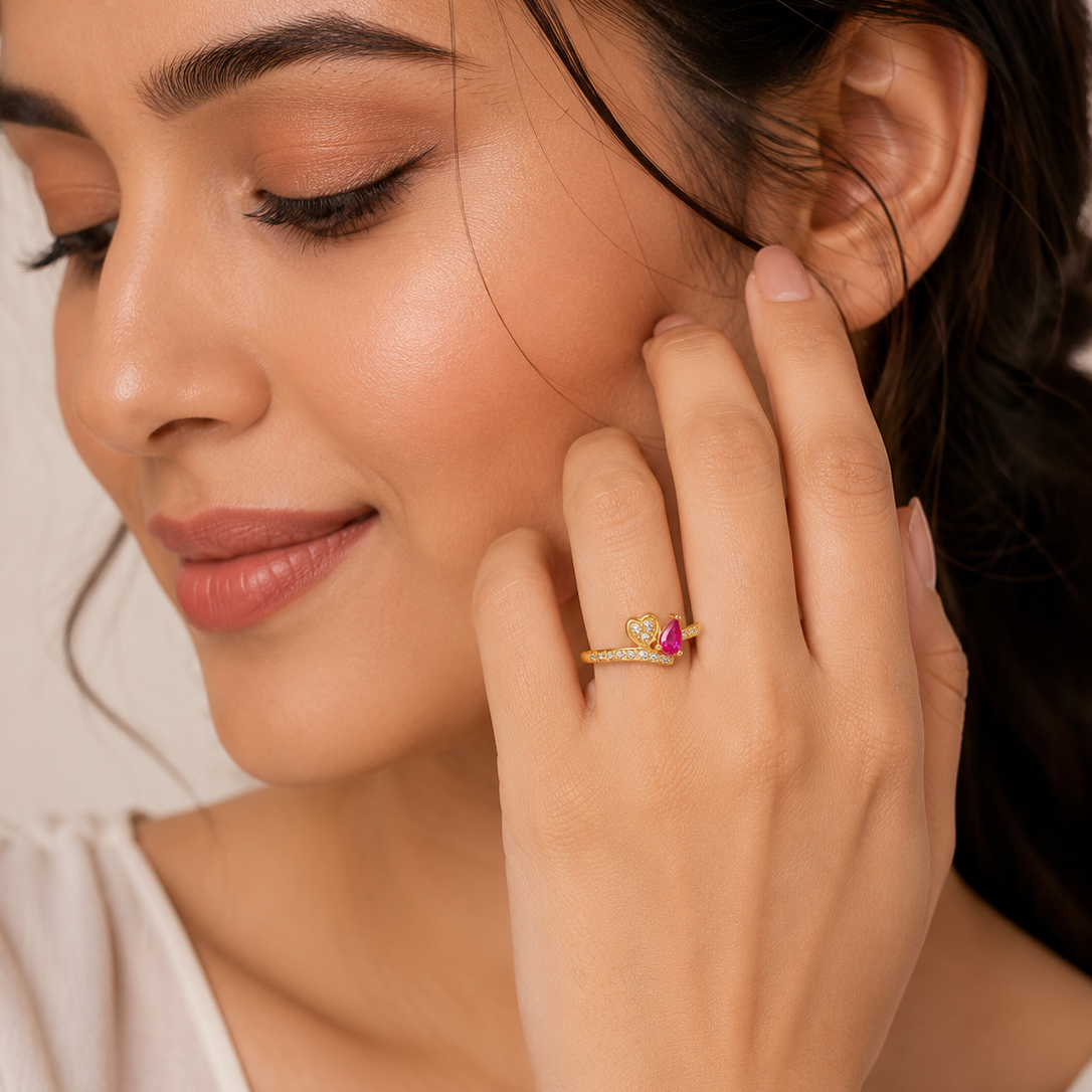 NUGOLD Romantic Heart & Pear Cut Ruby Stone Ring for Women