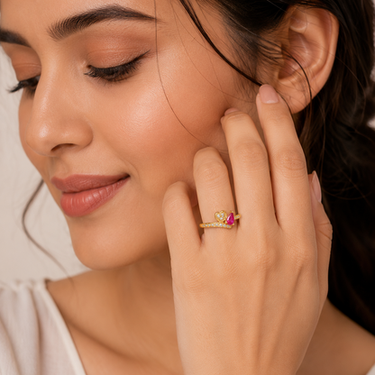 NUGOLD Romantic Heart & Pear Cut Ruby Stone Ring for Women
