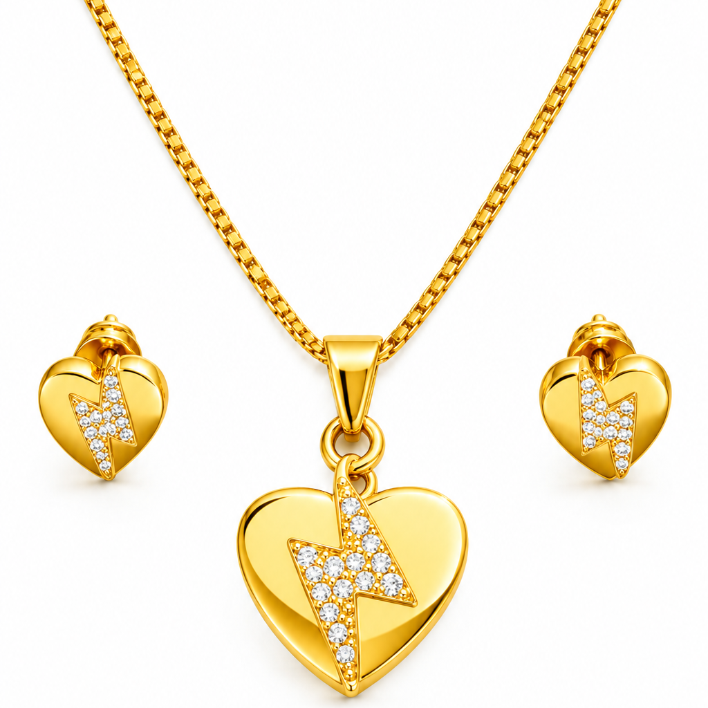NuGold Heart CZ Pendant Necklace Set
