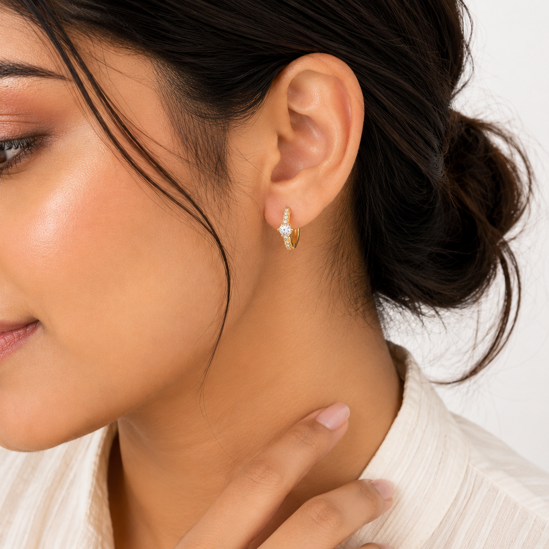 NuGold Solitaire Crystal Gold-Toned Huggie Hoop Earrings for Women
