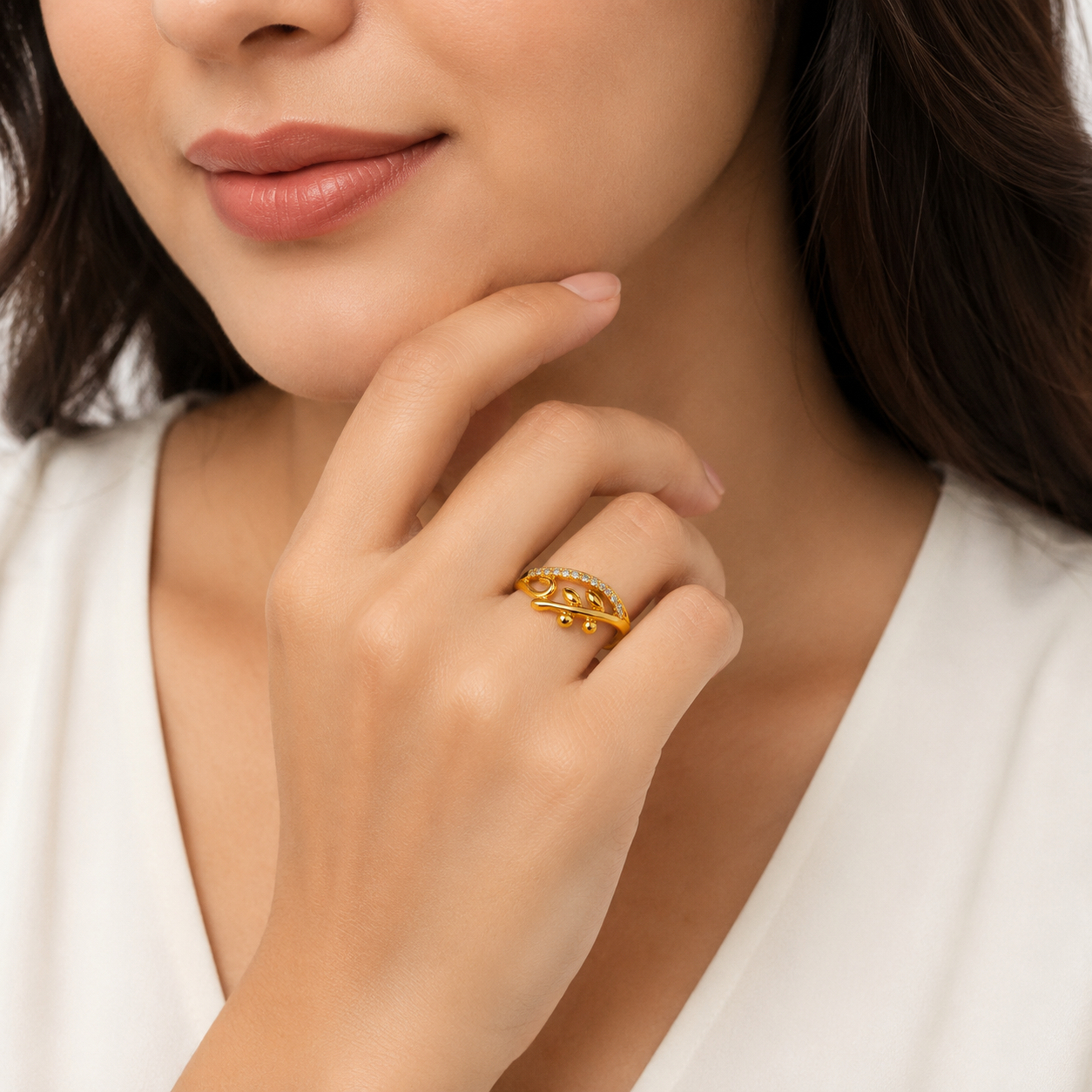 NUGOLD Nature Inspired Leaf Open Ring with Cubic Zirconia