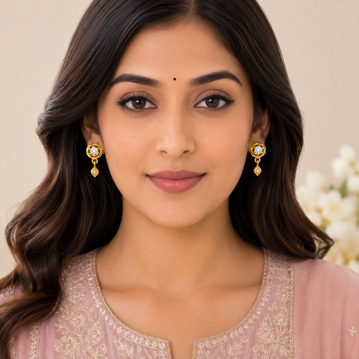 NuGold Floral Crystal Drop Gold-Toned Stud Earrings for Women