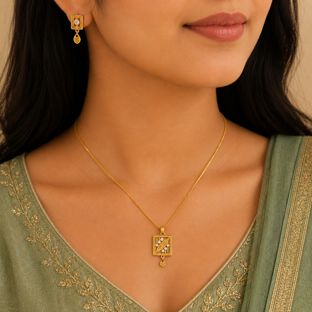 NUGOLD Premium Square Leaf Pendant Necklace & Earrings Set