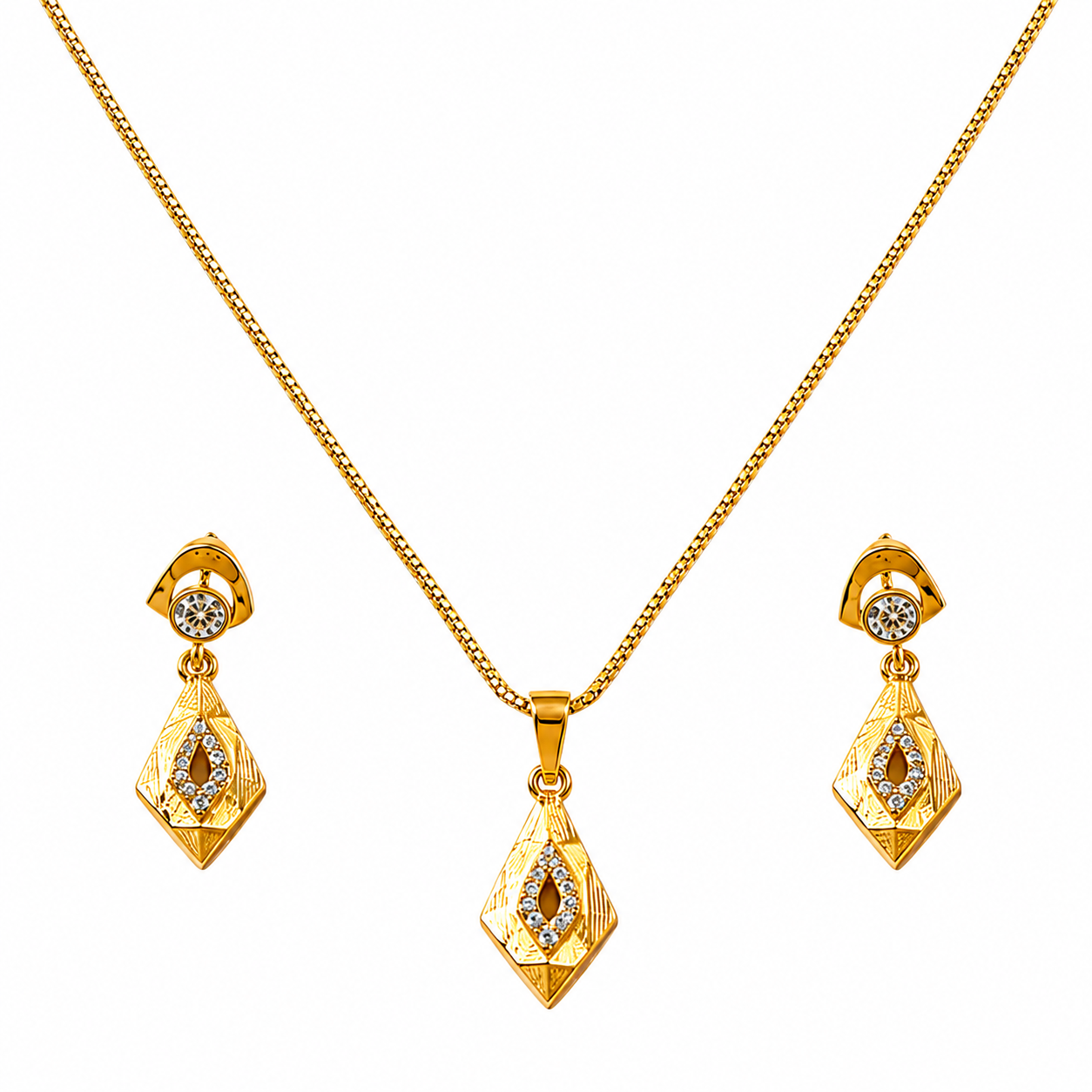 Luxury CZ Diamond Shape Pendant Necklace & Earrings Set