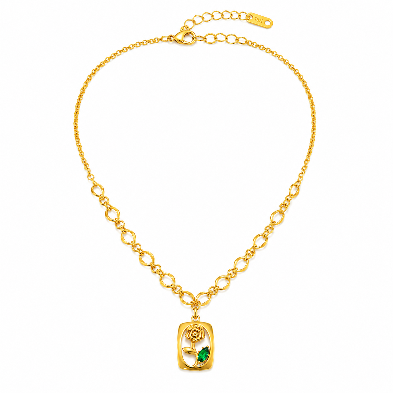 Elegant Gold Rose Pendant Necklace with Green Crystal