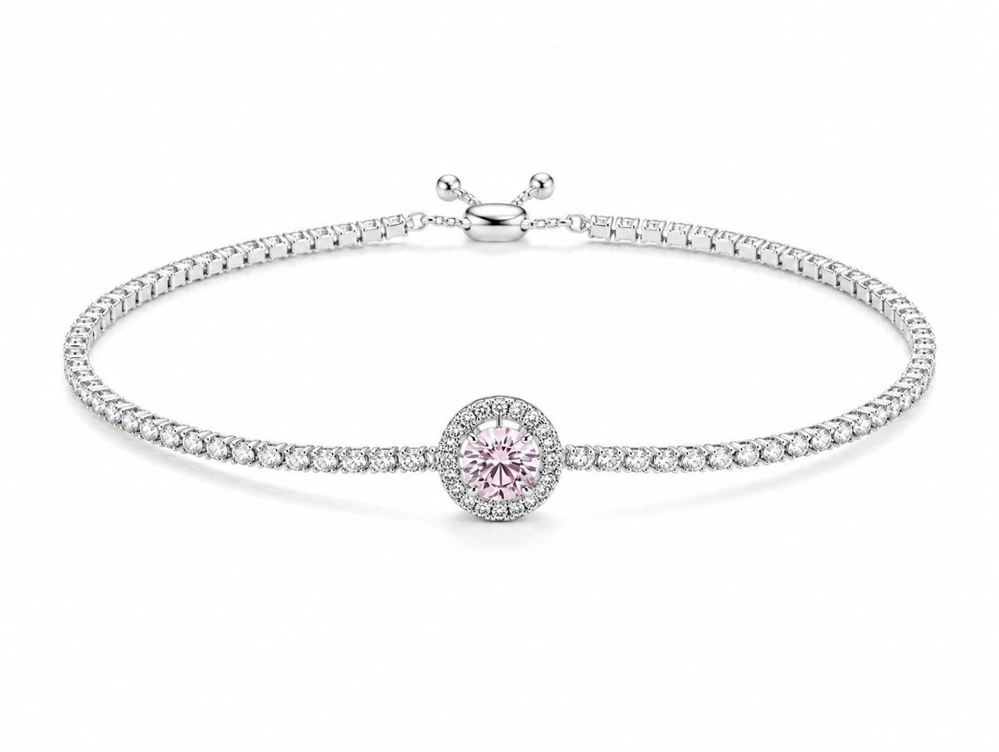 Pink Halo CZ Tennis 925 Sterling Silver Bracelet for Women