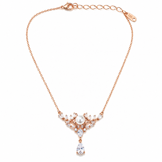 Elegant Pearl Crown Pendant Necklace in Rose Gold
