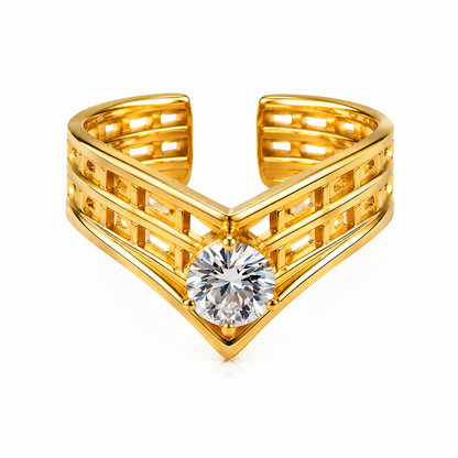 Elegant Structured Anti-Tarnish V-Shape Ring with CZ Stone