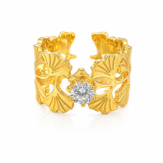 Elegant Anti-Tarnish Leaf Pattern Ring with CZ Stone
