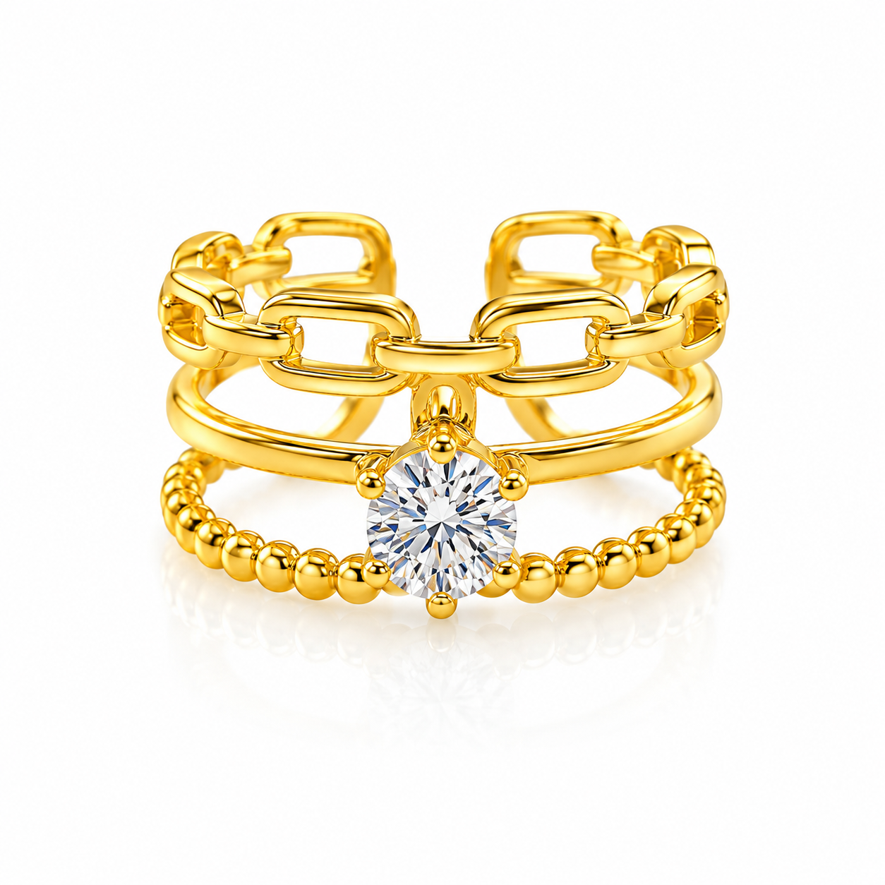 Elegant Anti-Tarnish Chain Link Ring with CZ Stone