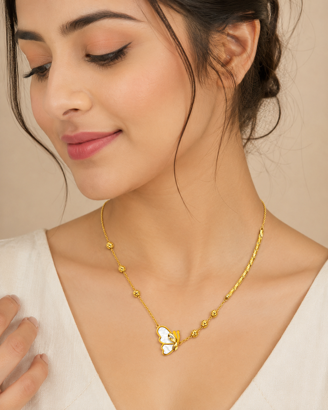 Elegant Gold Butterfly & Bead Chain Necklace