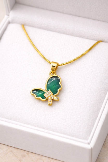 NuGold Green Stone Butterfly Pendant For Women