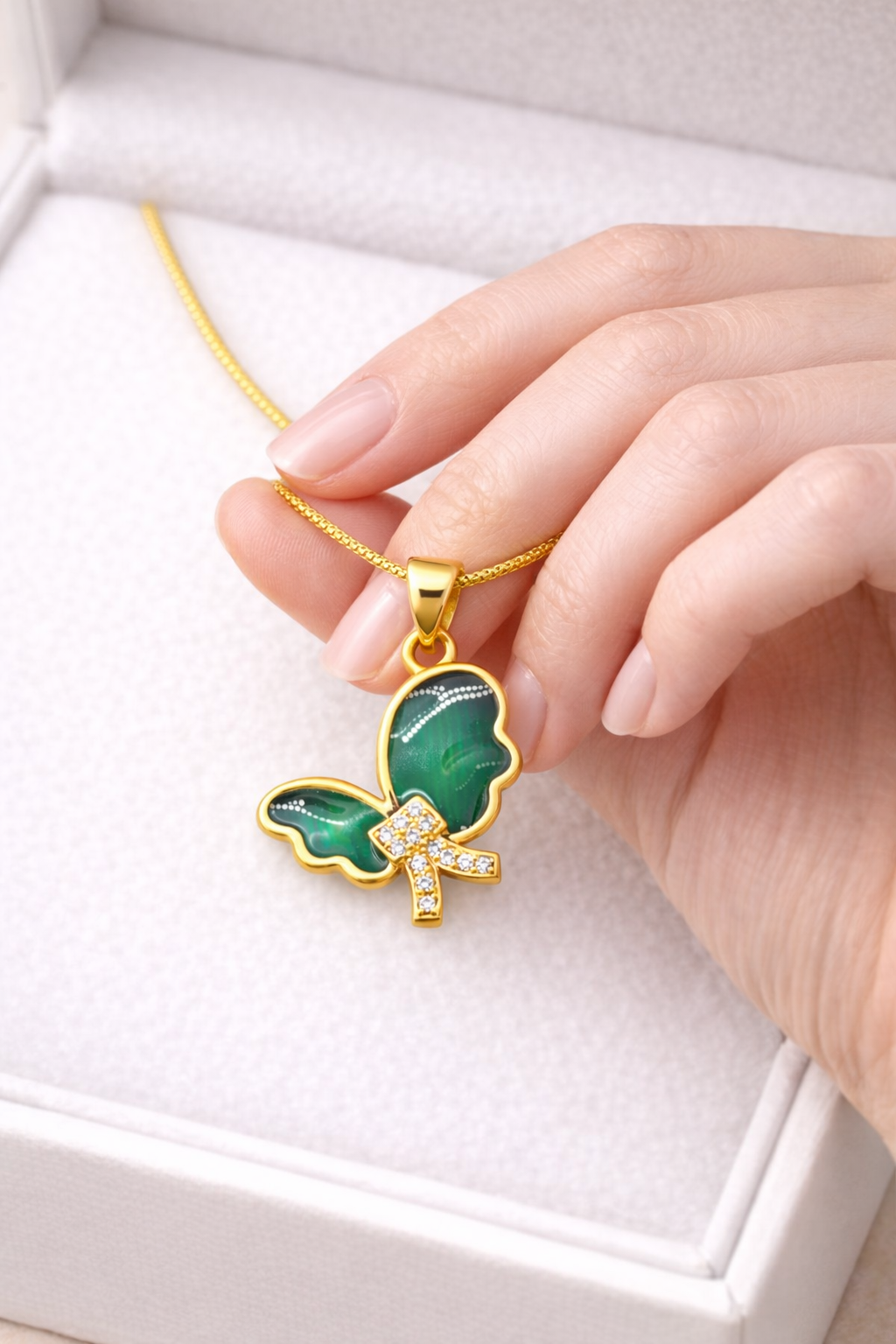 NuGold Green Stone Butterfly Pendant For Women