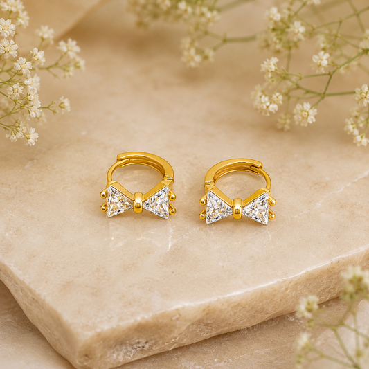 NuGold Crystal Bow Gold-Toned Huggie Hoop Earrings for Women