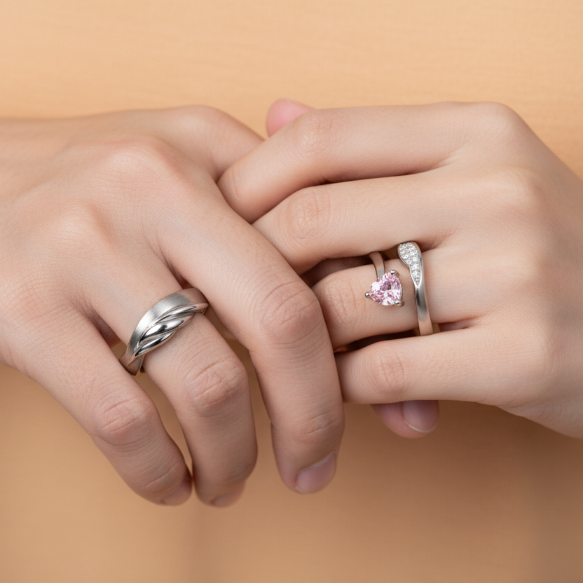 His & Hers Stainless Steel Pink Heart Couple Ring Set