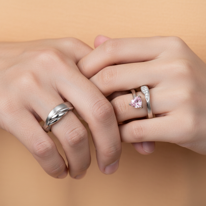 His & Hers Stainless Steel Pink Heart Couple Ring Set