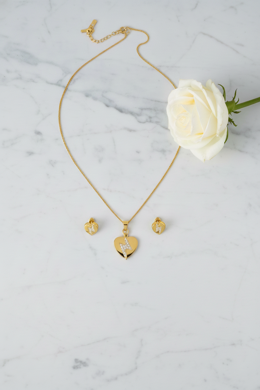 NuGold Heart CZ Pendant Necklace Set