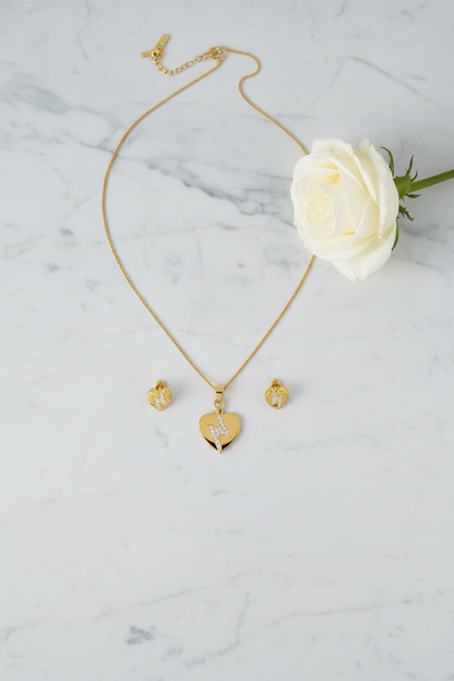 NuGold Heart CZ Pendant Necklace Set