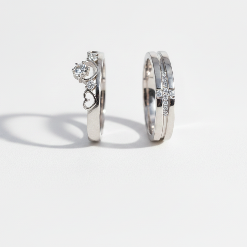 Two silver rings with clear gemstones displayed on a dark blue velvet ring box. One ring features a central round stone with smaller stones along the band, and the other is a slim band with a small cluster of stones.